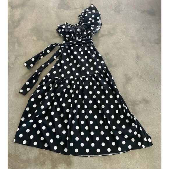 Caroline Constas Rhea Polka Dot One Shoulder Gown Sz M Ruffle Lightweight Belted - Picture 5 of 11